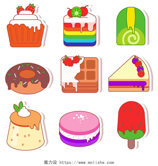 甜品图标 卡通 卡通贴纸风格 甜品相关元素 PNG素材